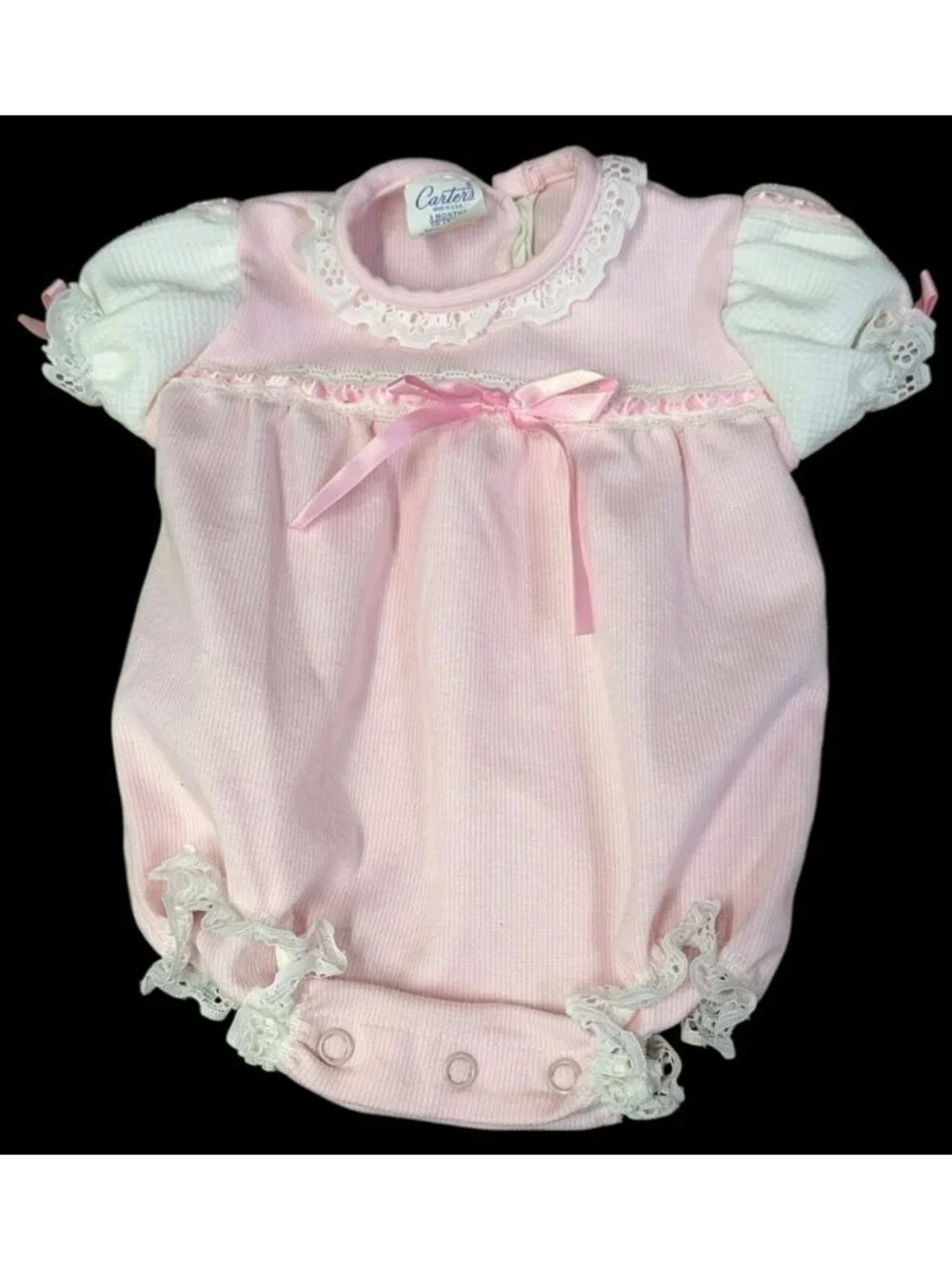 Vintage 1950s Carter's Pink Baby Romper 3 MONTHS Lace Trim Bows - Up to 13 LBS